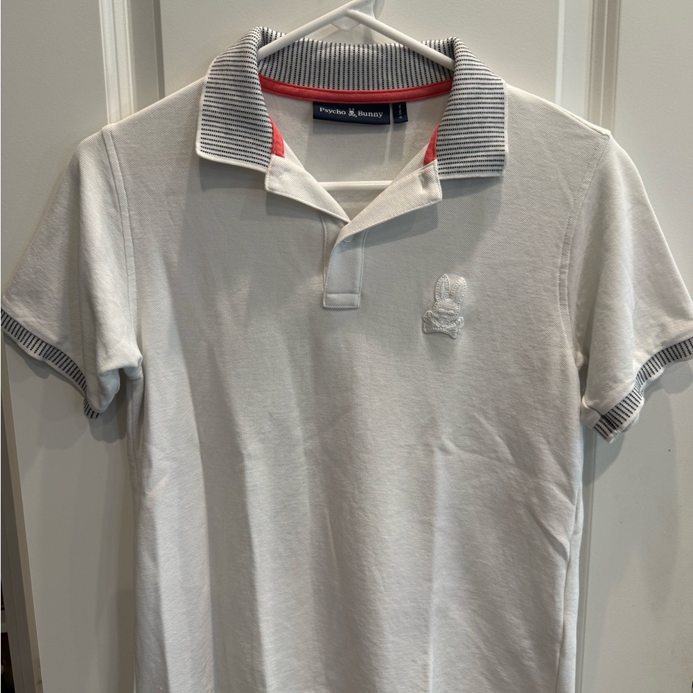 Psycho Bunny White Polo with Gray Striped Collar